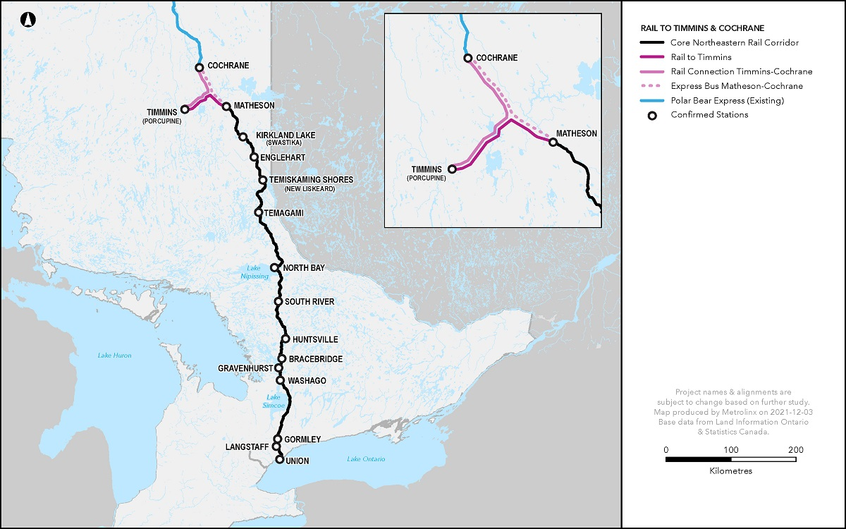 Northlander rail route map showing the connection to Cochrane